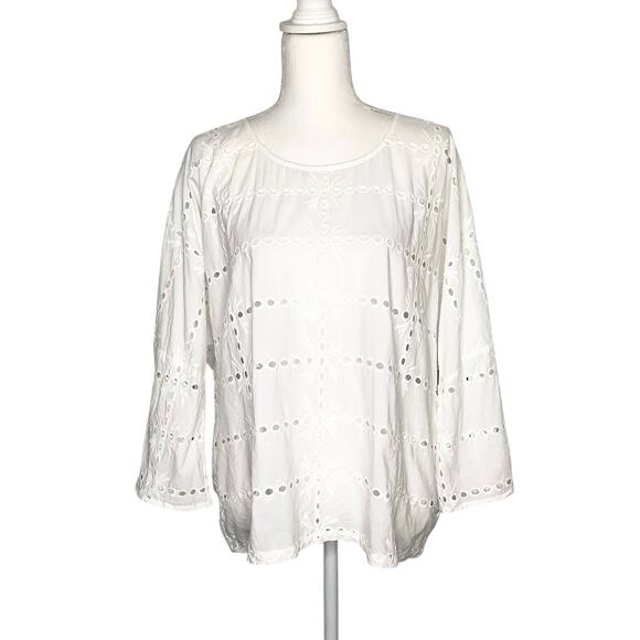 Liverpool White Eyelet Dolman Popover Blouse Top 3/4 Sleeves Scoop Neck Large - Picture 2 of 9